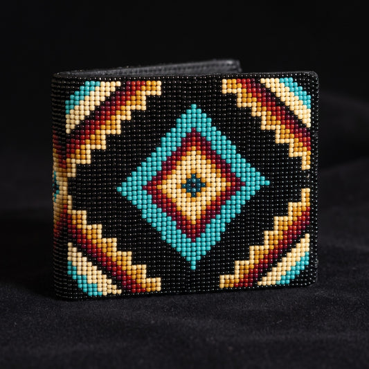 Black beaded leather bifold wallet with turquoise rust cream and orange centered diamond design
