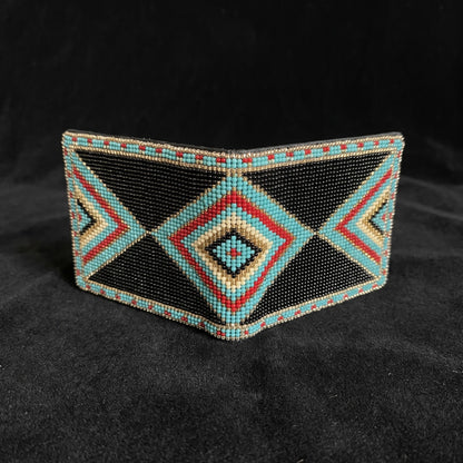 Charcoal beaded leather bifold wallet with turquoise coral cream and slate cross diamond design