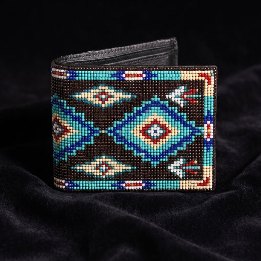 Dark brown hand-beaded leather bifold wallet with turquoise diamond motifs and white black geometric accents