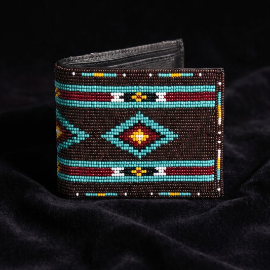 Dark brown hand-beaded leather bifold wallet with turquoise border lines and a centered orange yellow diamond motif
