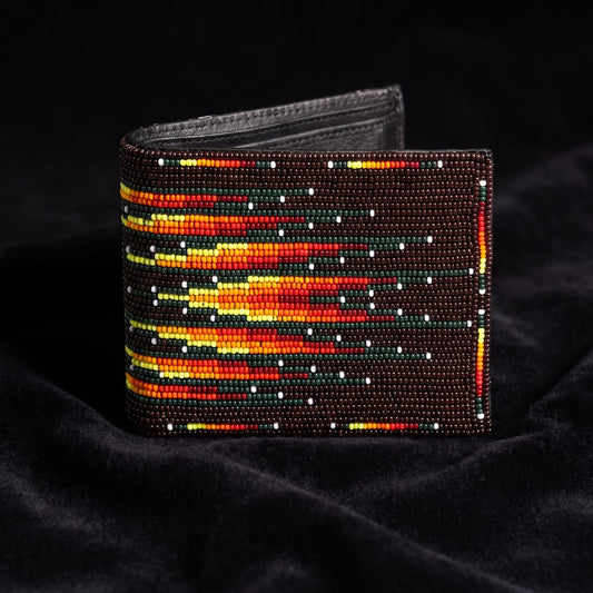 Dark brown hand-beaded leather bifold wallet with orange yellow turquoise and white horizontal stripe design
