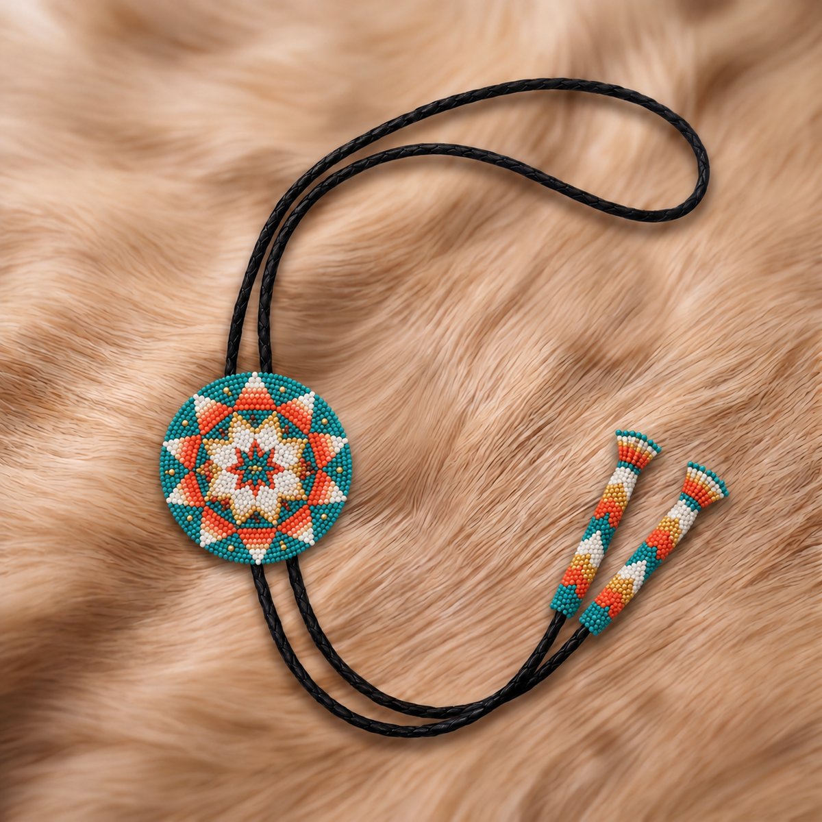 Turquoise, coral and ivory starburst beaded bolo tie with coordinated beaded tips