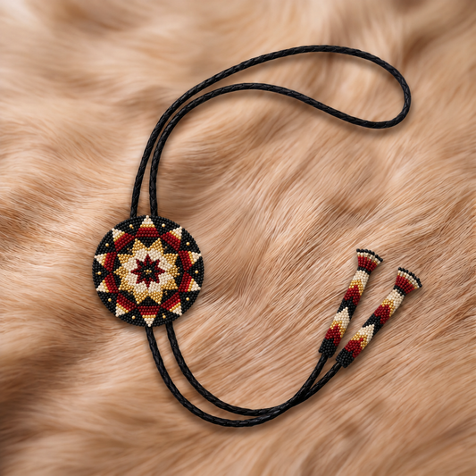 Rust red, black and ivory eight-point starburst beaded bolo tie on tan fur