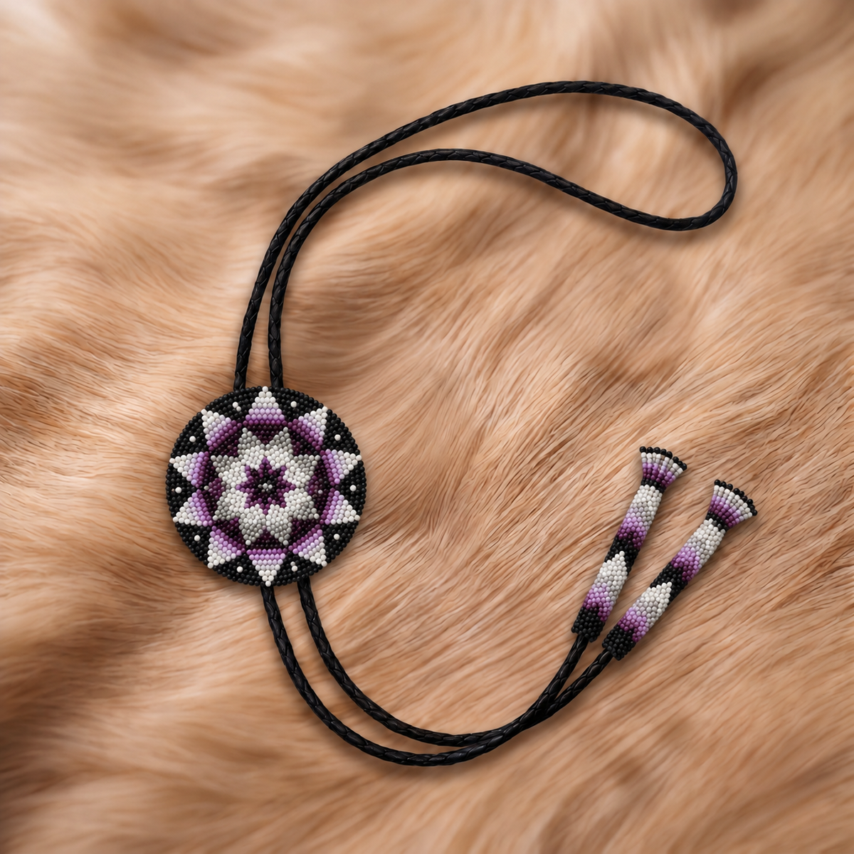Lavender, ivory and black floral starburst beaded bolo tie with coordinating tips