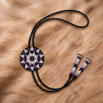 Lavender, ivory and black floral starburst beaded bolo tie with coordinating tips
