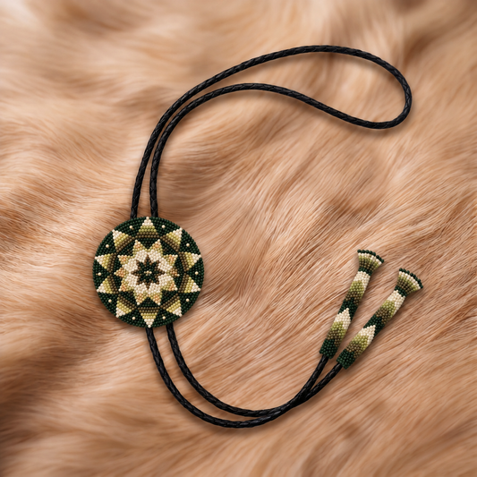 Forest green, cream and black starburst beaded bolo tie with green beaded tips