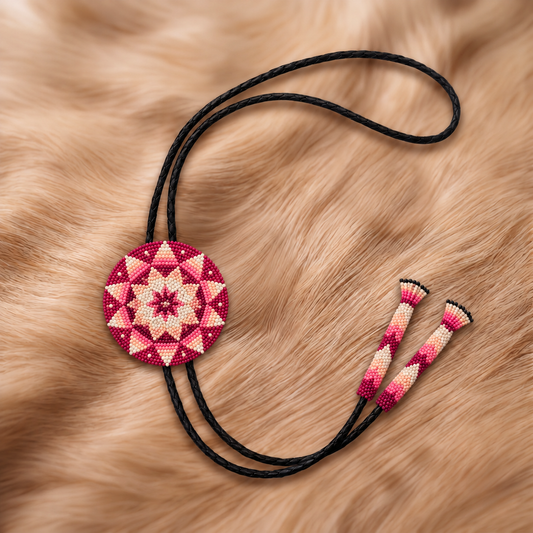 Raspberry pink, blush and ivory starburst beaded bolo tie with pink-and-black tips