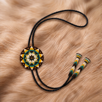 Emerald green, yellow, turquoise and ivory geometric sunburst beaded bolo tie