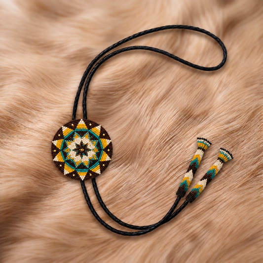 Emerald green, yellow, turquoise and ivory geometric sunburst beaded bolo tie