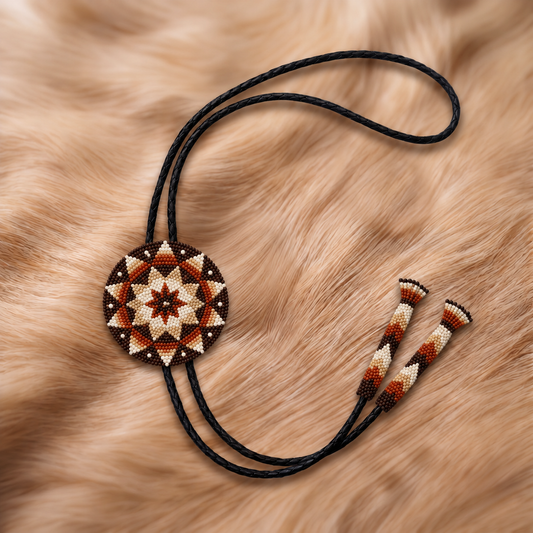 Copper brown rust and cream geometric starburst bolo tie with coordinated beadwork