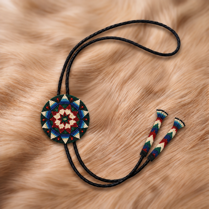 Turquoise teal, burgundy, ivory and navy starburst beaded bolo tie