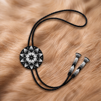 Black white and silver-gray geometric starburst beaded bolo tie with monochrome tips