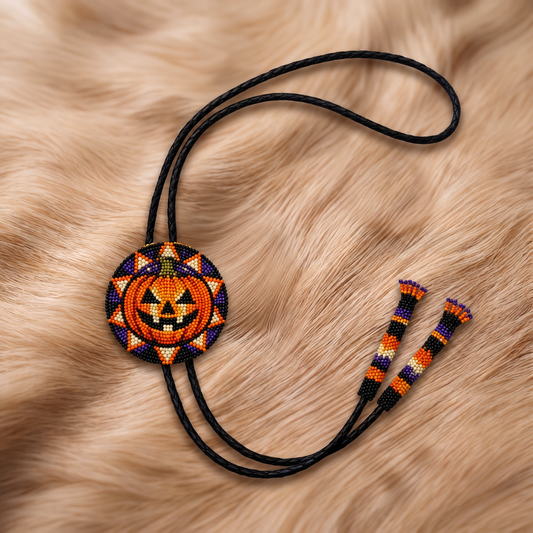 Orange jack-o-lantern pumpkin hand-beaded Halloween bolo tie on tan fur