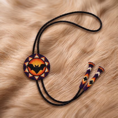 Black bat silhouette against orange moon beaded Halloween bolo tie with black cord