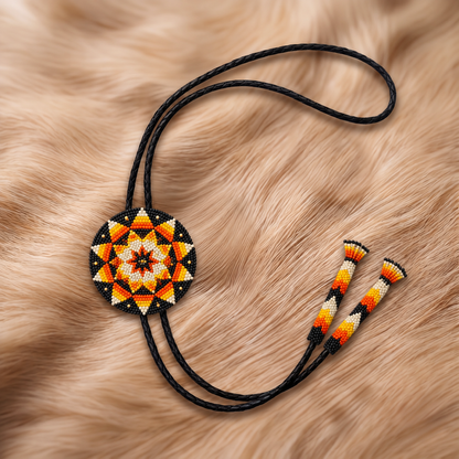 Gold orange cream and black geometric harvest starburst beaded bolo tie