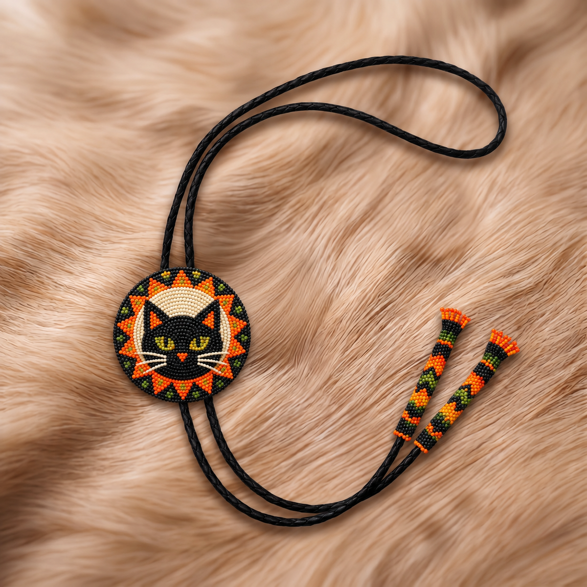 Black cat with bright yellow eyes on orange Halloween hand-beaded round bolo tie