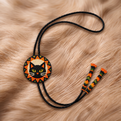 Black cat with bright yellow eyes on orange Halloween hand-beaded round bolo tie
