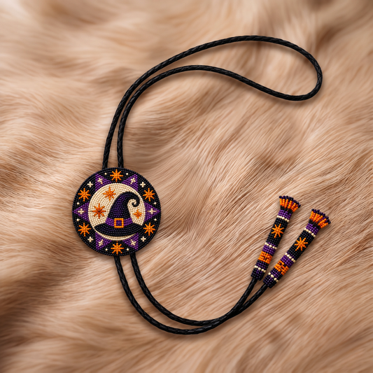 Purple crescent moon witch hat and stars Halloween hand-beaded bolo tie