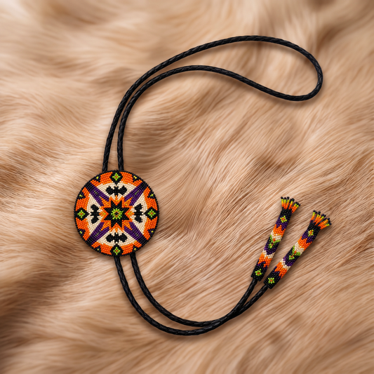 Vibrant orange black purple and green geometric Halloween starburst beaded bolo tie
