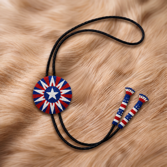 Red white blue and navy patriotic geometric starburst beaded bolo tie