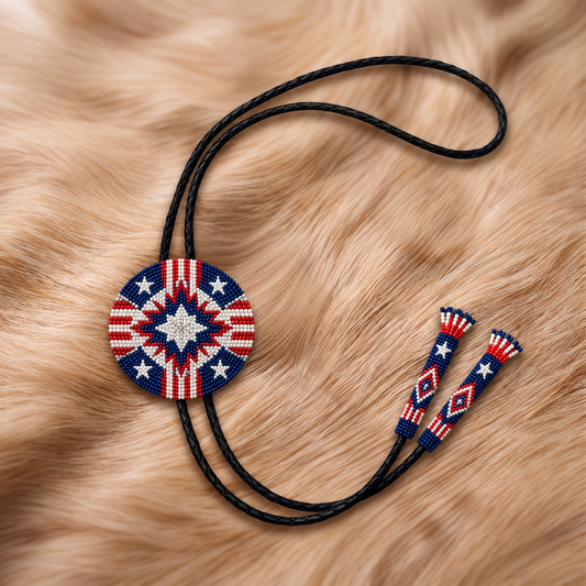 Red white and blue patriotic flag inspired diamond star beaded western bolo tie
