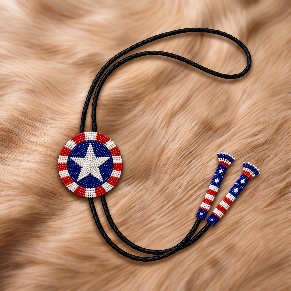 Round red white and blue beaded bolo tie with central navy star and striped ring