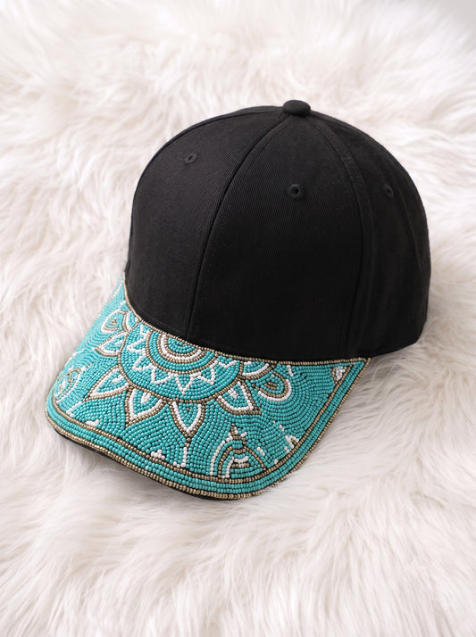 Turquoise Floral Mandala Beaded Baseball Cap