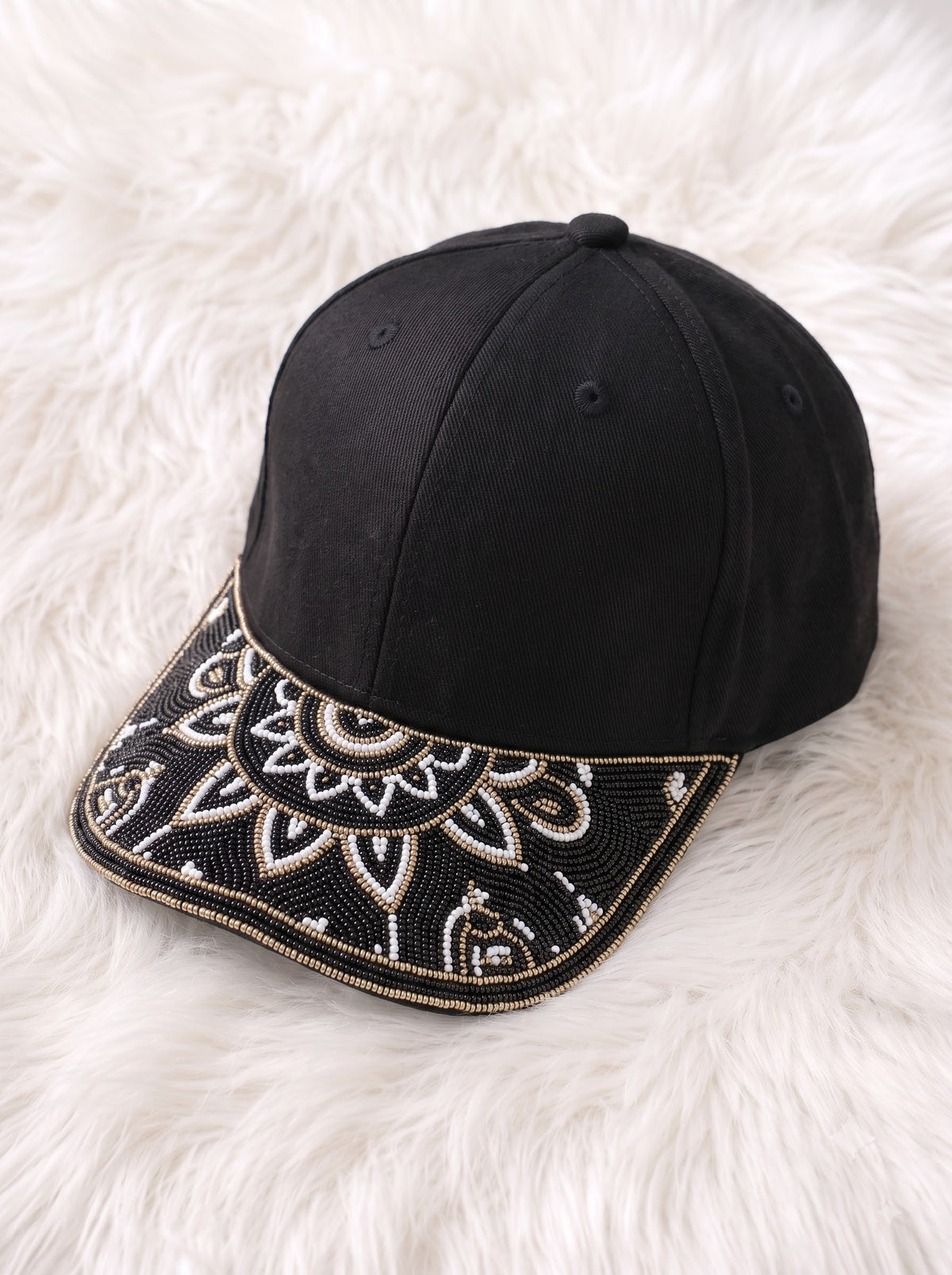 Black & White Mandala Beaded Baseball Cap