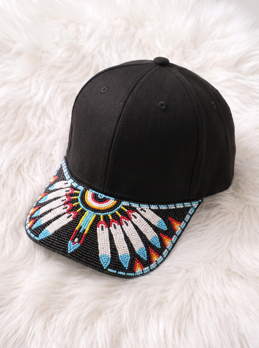 Feather Sunburst Beaded Baseball Cap