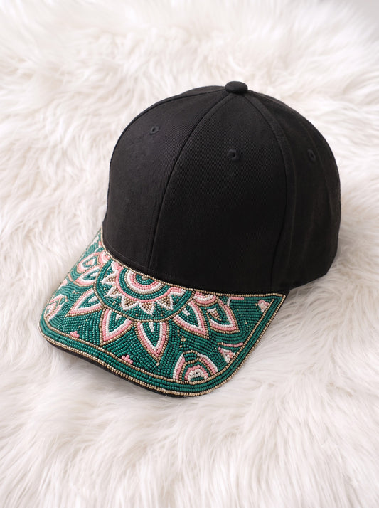 Teal Floral Mandala Beaded Baseball Cap