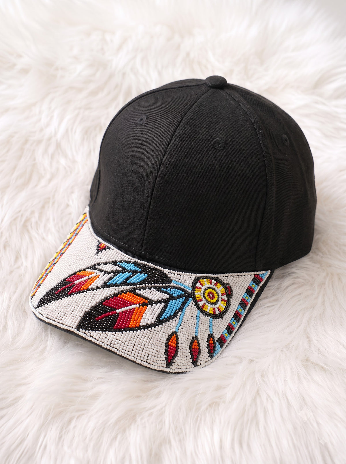 White Feather Sun Beaded Baseball Cap