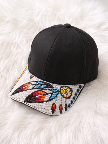 White Feather Sun Beaded Baseball Cap