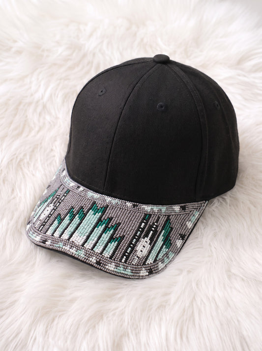 Grey & Teal Geometric Beaded Baseball Cap