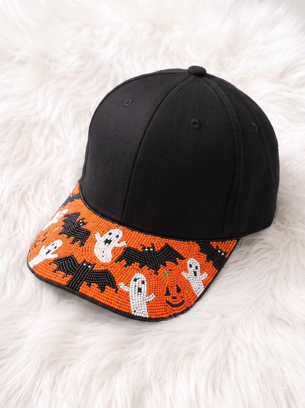 Halloween Ghost & Pumpkin Beaded Baseball Cap