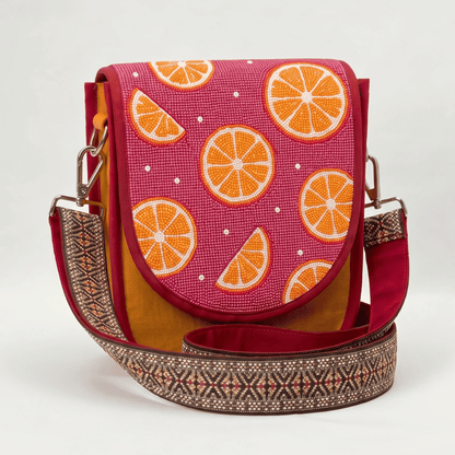 Citrus Slice Hand Beaded Canvas Crossbody Bag – Mustard