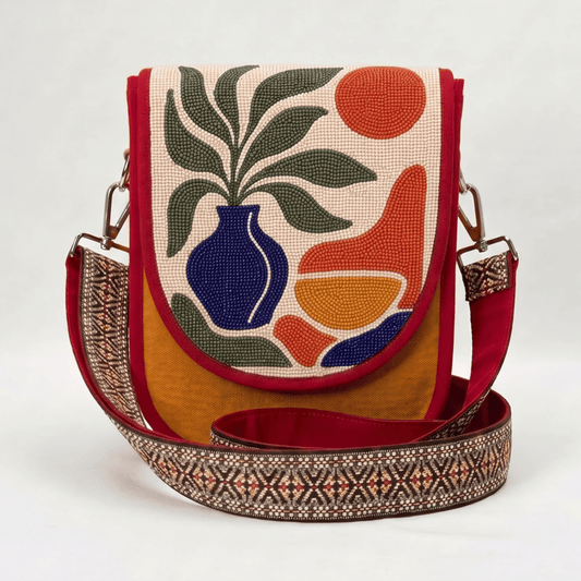 Modern Still Life Hand Beaded Canvas Crossbody Bag – Mustard