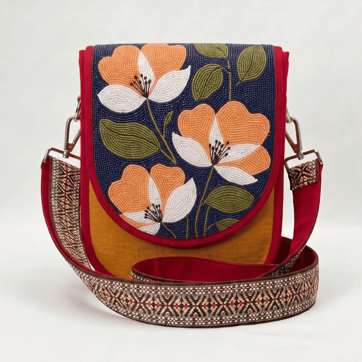 Peach Blossom Hand Beaded Canvas Crossbody Bag – Mustard