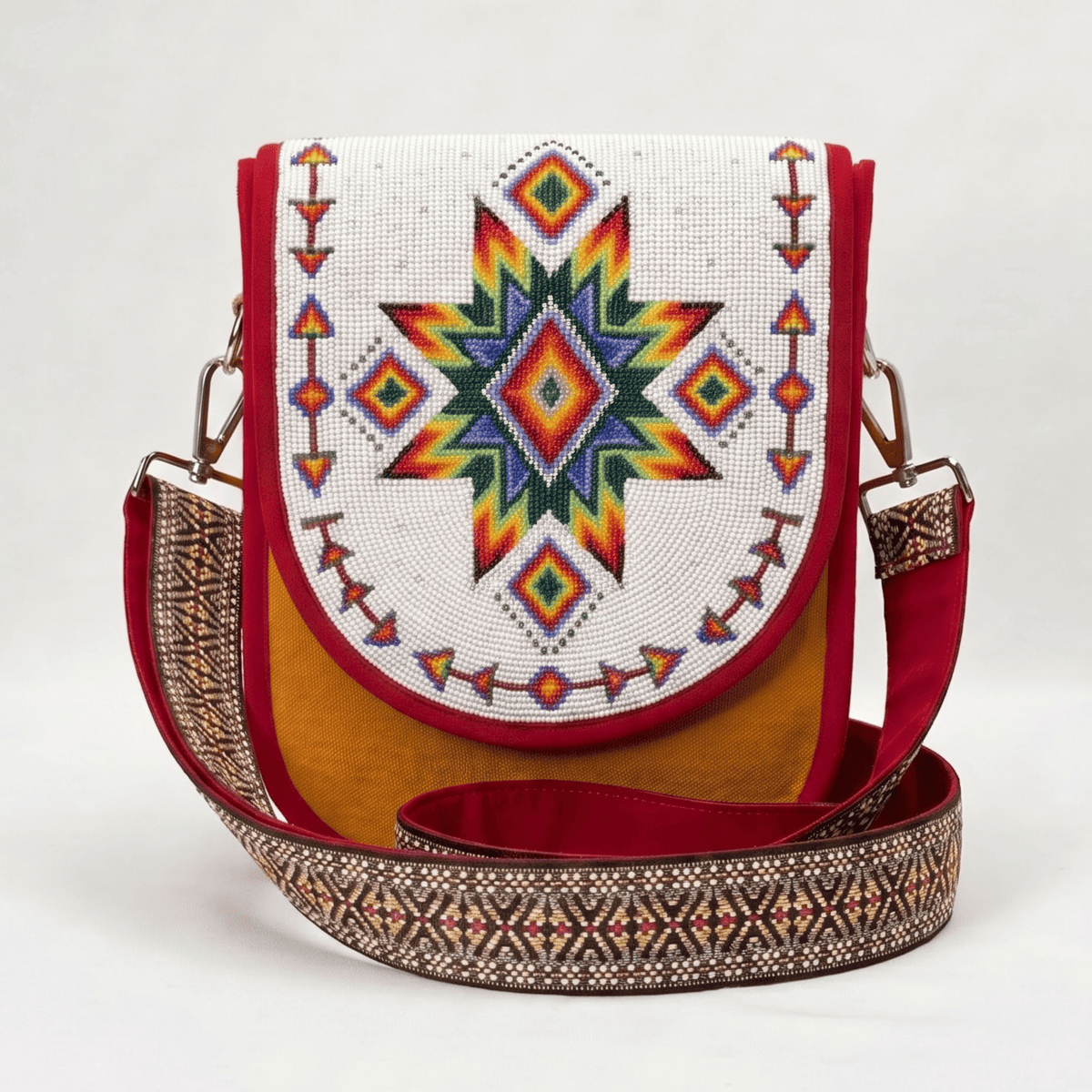 Rainbow Star Hand Beaded Canvas Crossbody Bag – Mustard, White Beadwork