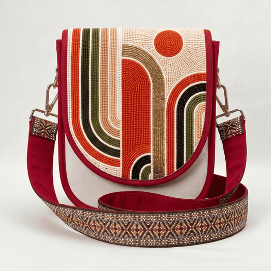 Retro Arch Hand Beaded Canvas Crossbody Bag – Cream
