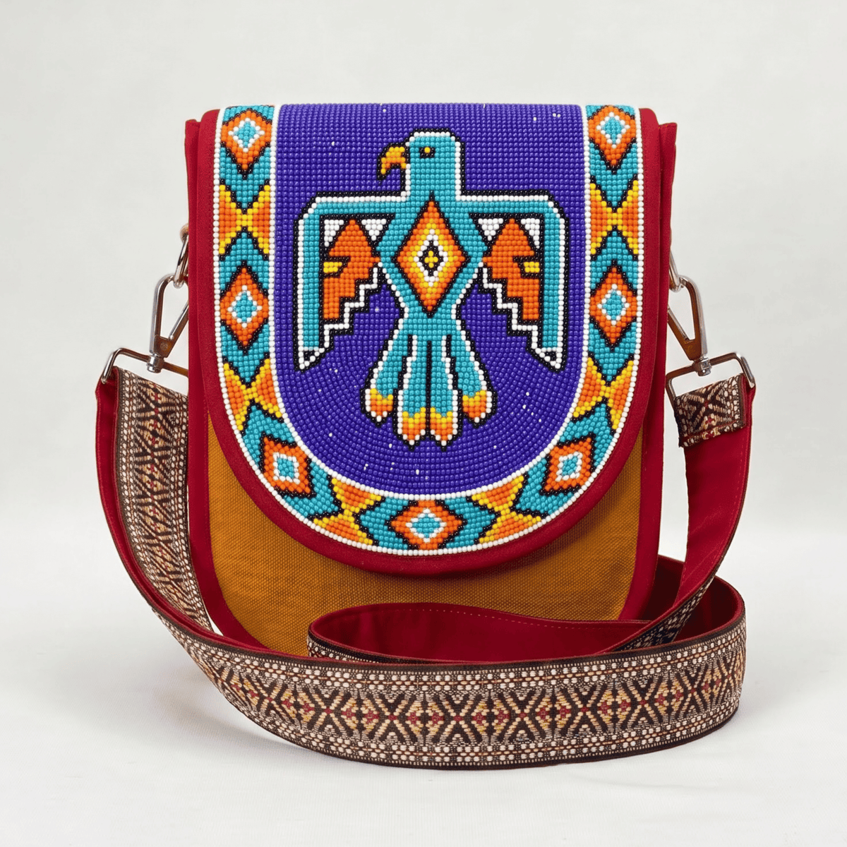Turquoise Thunderbird Hand Beaded Canvas Crossbody Bag
