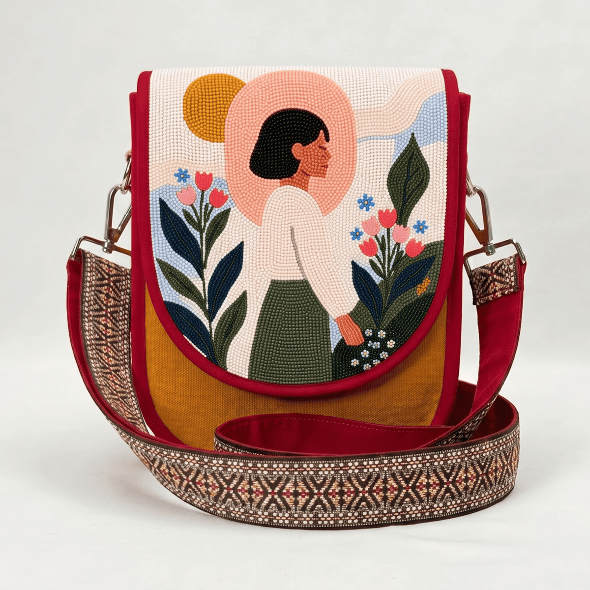 Garden Woman Portrait Hand Beaded Canvas Crossbody Bag – Mustard
