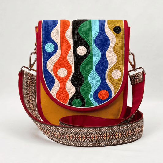 Multicolor Wave Hand Beaded Canvas Crossbody Bag – Mustard