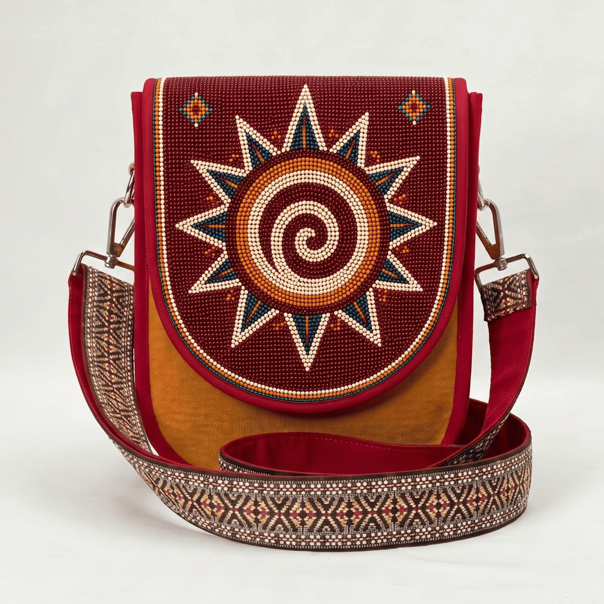 Spiral Sunburst Hand Beaded Canvas Crossbody Bag – Maroon Beadwork