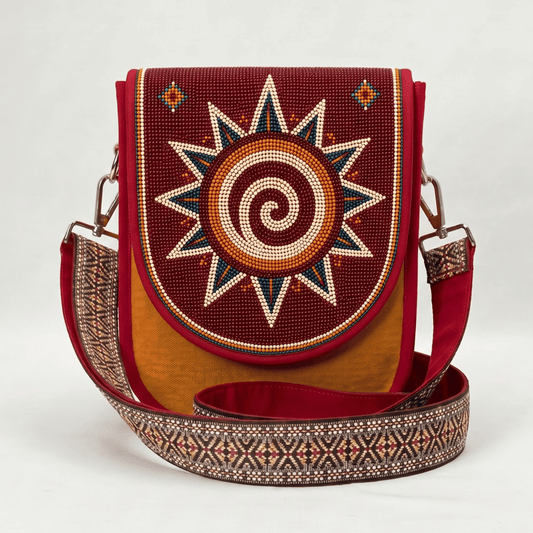 Spiral Sunburst Hand Beaded Canvas Crossbody Bag – Maroon Beadwork