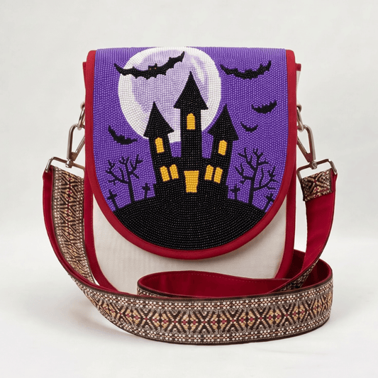 Purple Haunted House Hand Beaded Canvas Crossbody Bag – Cream