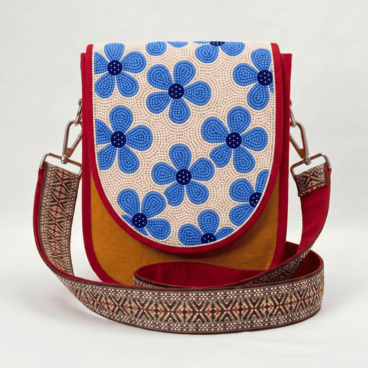 Blue Daisy Hand Beaded Canvas Crossbody Bag – Mustard