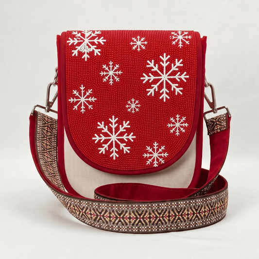 Snowflake Hand Beaded Canvas Crossbody Bag – White