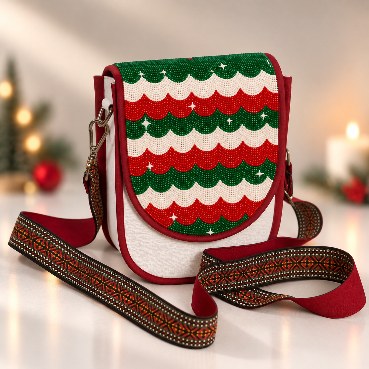 Festive Scalloped Wave Hand Beaded Canvas Crossbody Bag