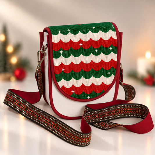 Festive Scalloped Wave Hand Beaded Canvas Crossbody Bag