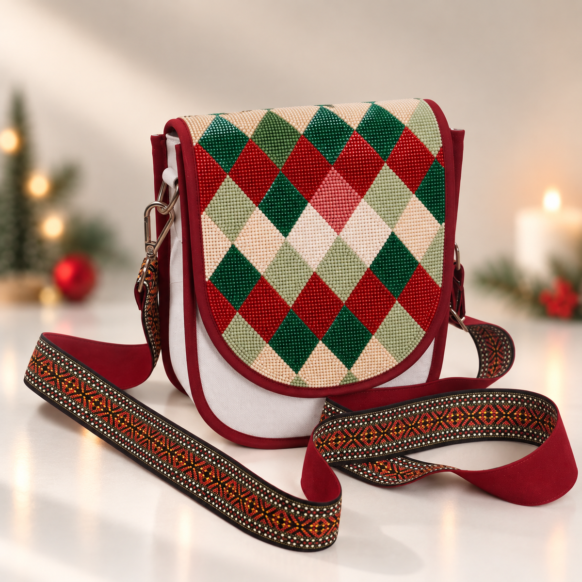 Festive Argyle Hand Beaded Canvas Crossbody Bag – Cream